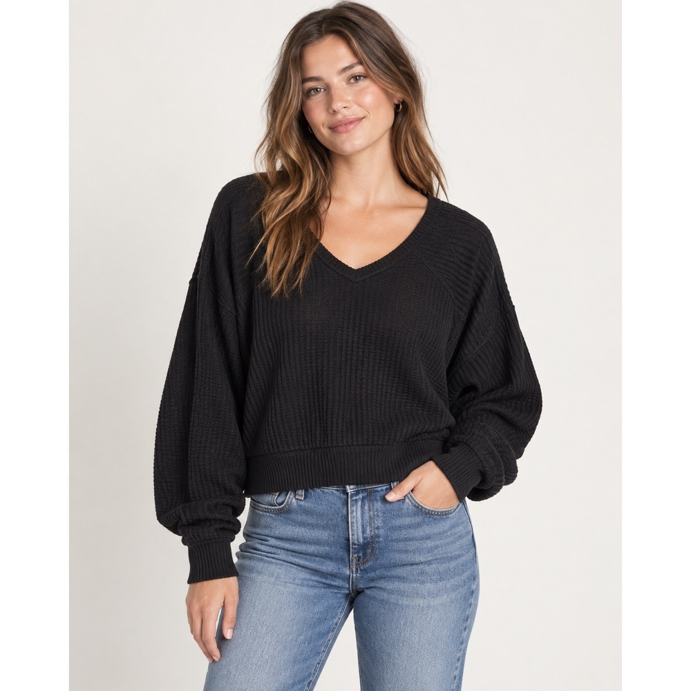 We The Free Free People Black V-Neck Thermal Waffle Knit Top Small OB967840